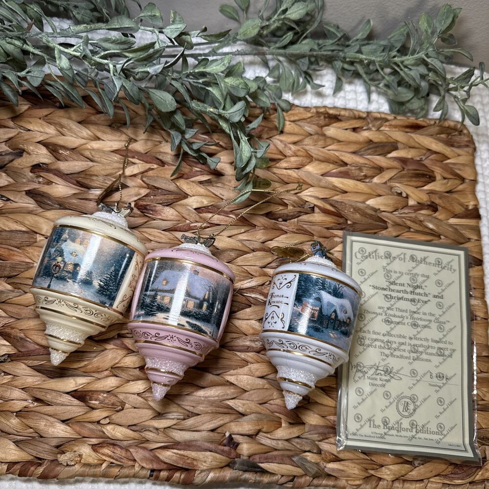 Bradford Exchange Thomas Kinkade 3 Heirloom Glass Christmas Ornaments 3rd Issue